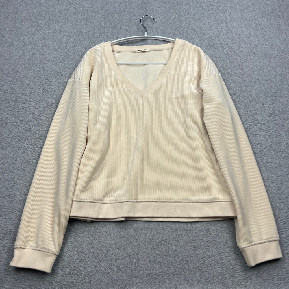Marine Layer Sweatshirt Womens Large Cream Velour Corduroy V-Neck Ribbed 18246